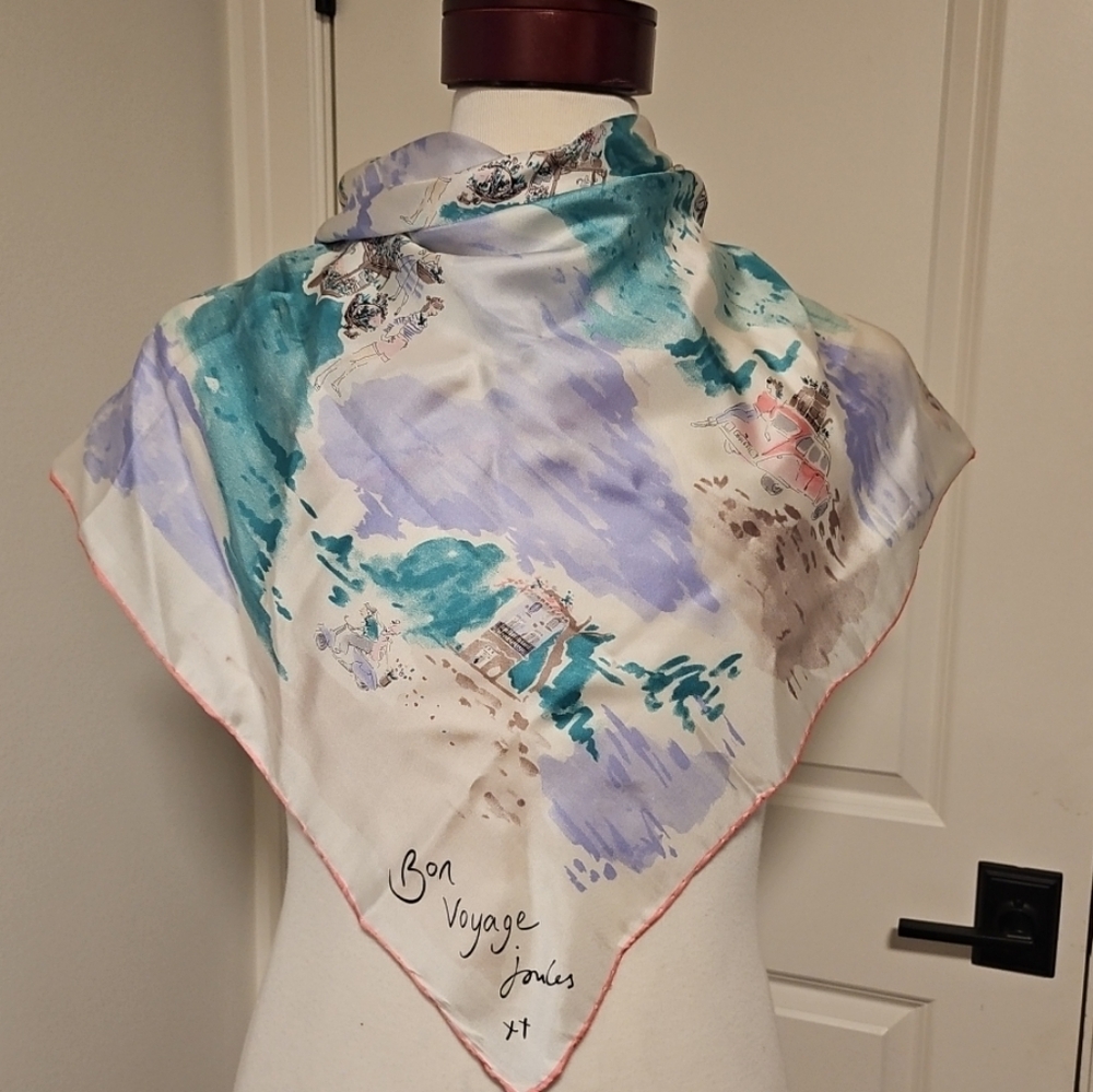 Joules Silk 30x30 Square Scarf Bon Voyage Pastel Watercolor Scene Print